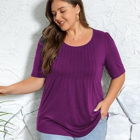 Purple Scoop Neck Pleated Front Short Sleeve Tunic NWOT - Picture 1 of 6